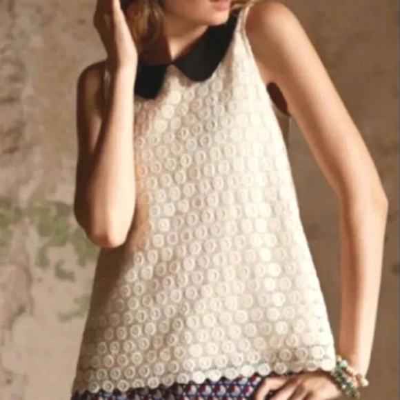 Anthropologie Lili's Closet Delancy Ivory Lace Black Collar Sleeveless Top Sz Lg - Picture 1 of 8